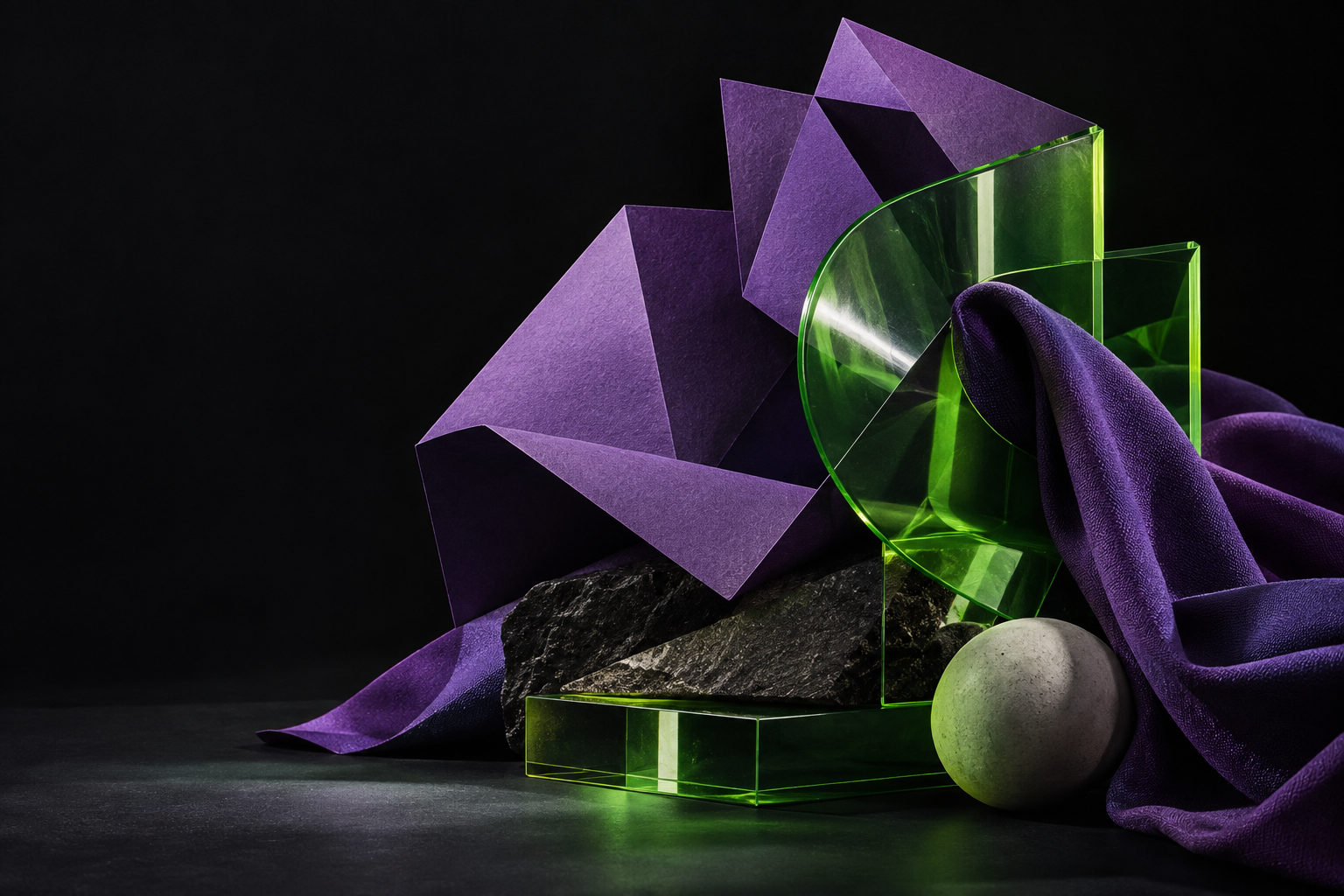 Composição escultórica em roxo e verde, criada para a Meraki