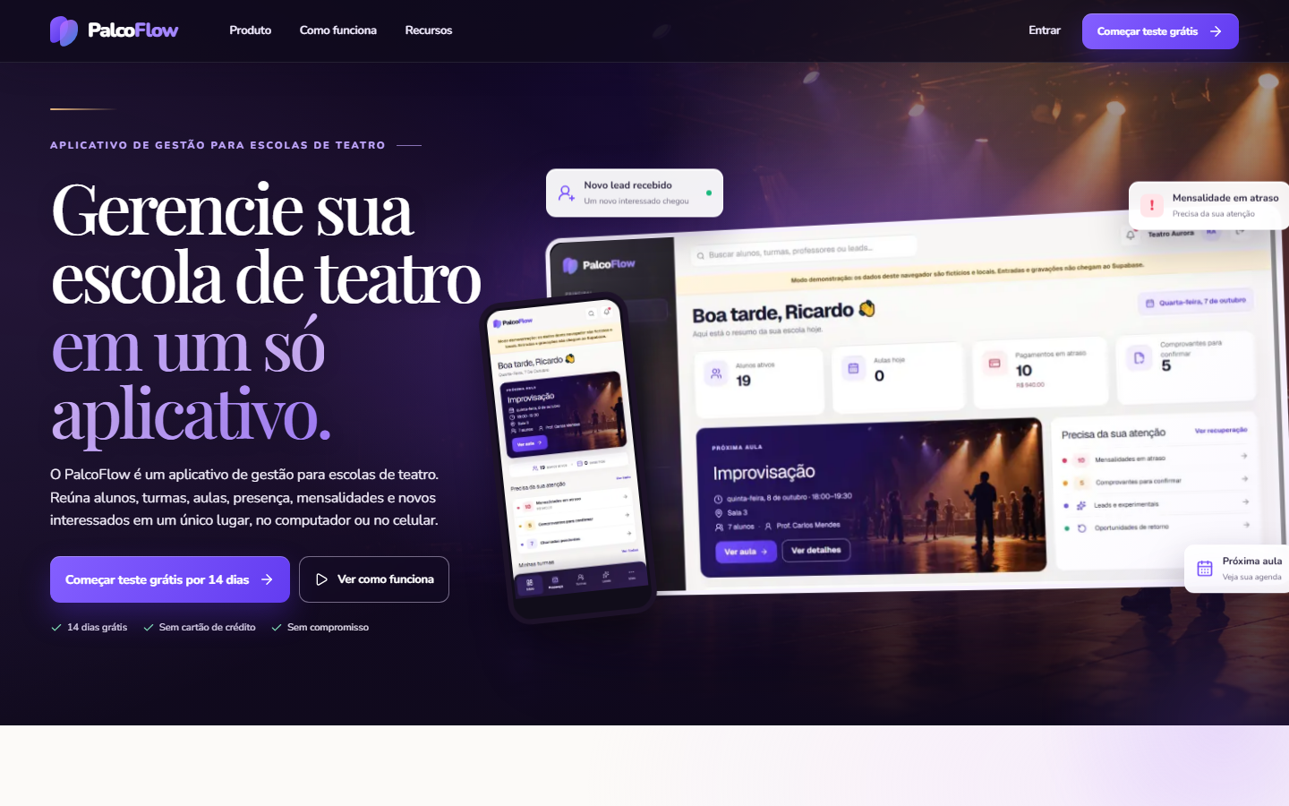 Prévia da página inicial do Palcoflow, plataforma de gestão para escolas de teatro